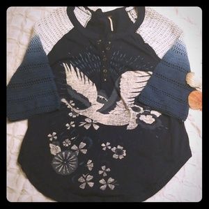 Free People blue and white 3/4 sleeve top